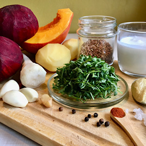 VEGAN BAKED BEET ROOT SALAD WITH BUCKWHEAT & SOUP