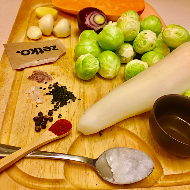 VEGAN SWEET POTATO WITH SUGARED BRUSSELS SPROUTS & RADISH