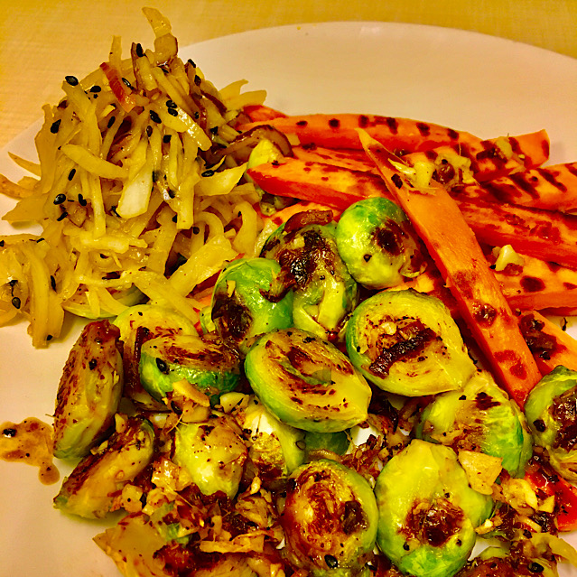 VEGAN SWEET POTATO WITH SUGARED BRUSSELS SPROUTS & RADISH