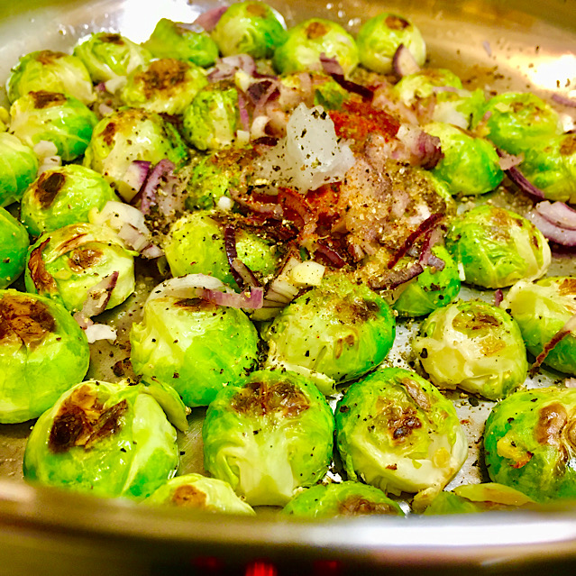 VEGAN SWEET POTATO WITH SUGARED BRUSSELS SPROUTS & RADISH