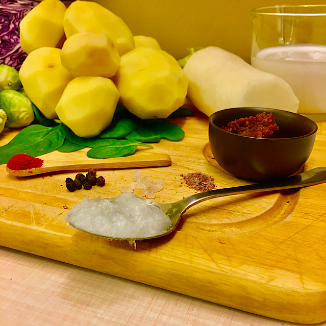 VEGAN GREEN POTATOES WITH WHITE RADISH & INDIGO SOUP