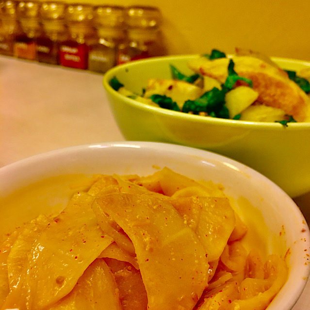 VEGAN GREEN POTATOES WITH WHITE RADISH & INDIGO SOUP