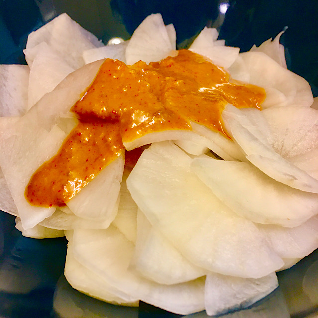 VEGAN GREEN POTATOES WITH WHITE RADISH & INDIGO SOUP