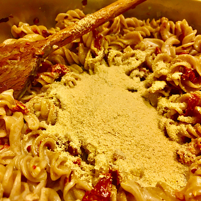 VEGAN RYE FUSILLI WITH WHITE YEAST SAUCE & DRIED TOMATOES