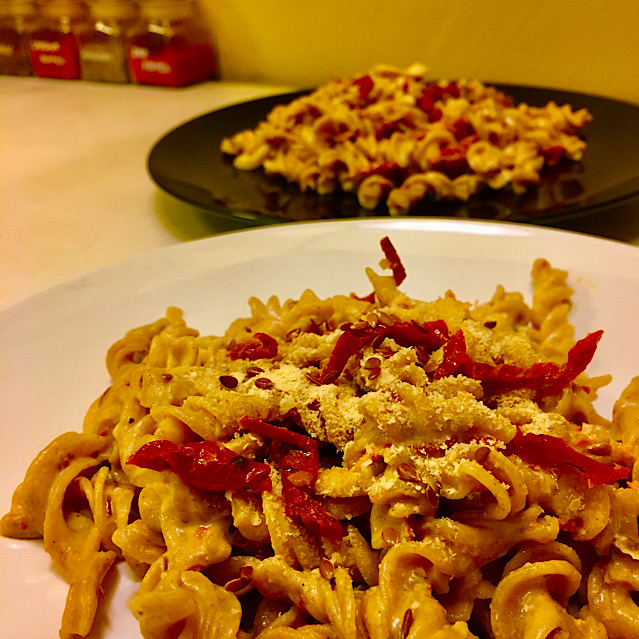 VEGAN RYE FUSILLI WITH WHITE YEAST SAUCE & DRIED TOMATOES