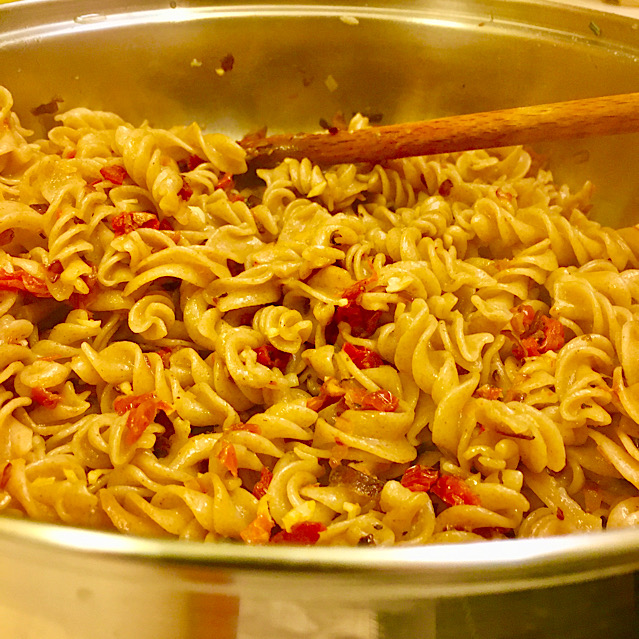 VEGAN RYE FUSILLI WITH WHITE YEAST SAUCE & DRIED TOMATOES