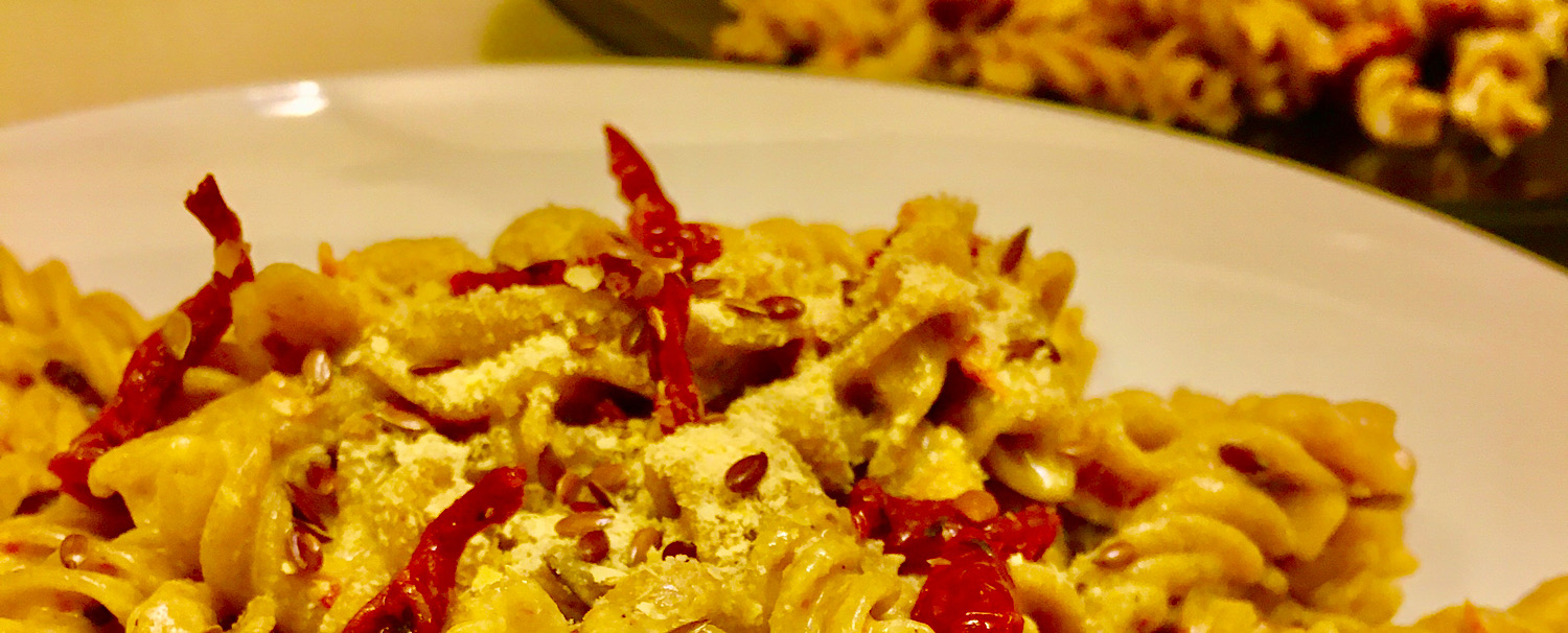 VEGAN RYE FUSILLI WITH WHITE YEAST SAUCE & DRIED TOMATOES