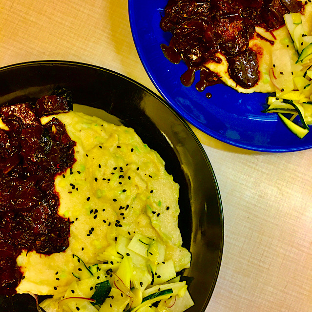 VEGAN CELERY ROOT MASH WITH ZUCCHINI SALAD & TEMPEH