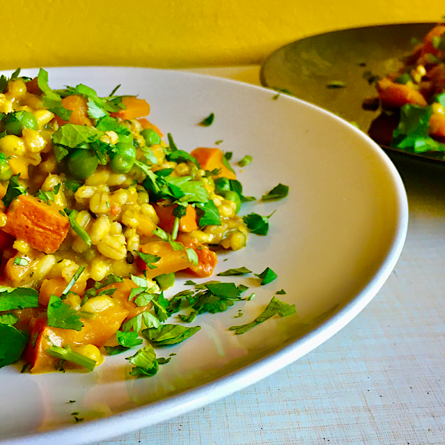 VEGAN BARLEY GROATTO WITH GREENPEACE & PUMPKIN