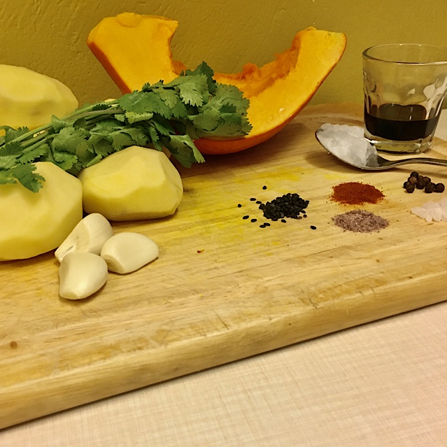 VEGAN GARLIC POTATOES WITH GRILLED PUMPKIN & SESAME