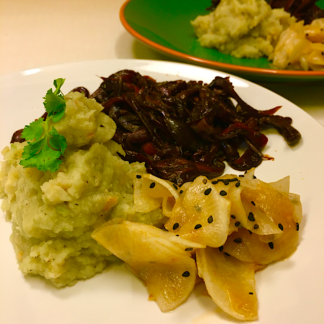 VEGAN PARSLEY ROOT MASH WITH OYSTER MUSHROOMS & RADISH SALAD